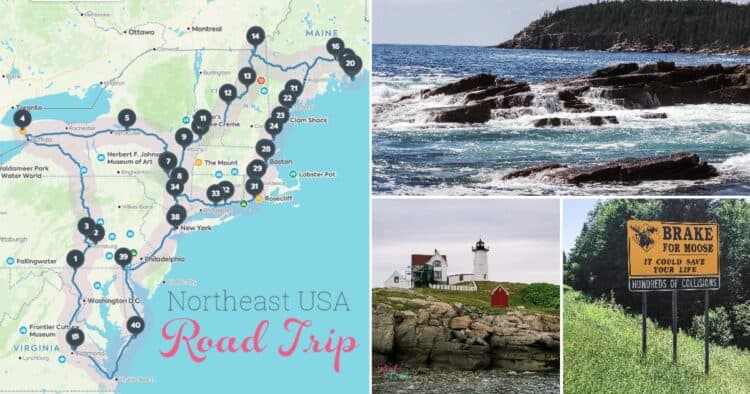collage with map of Northeast family road trip