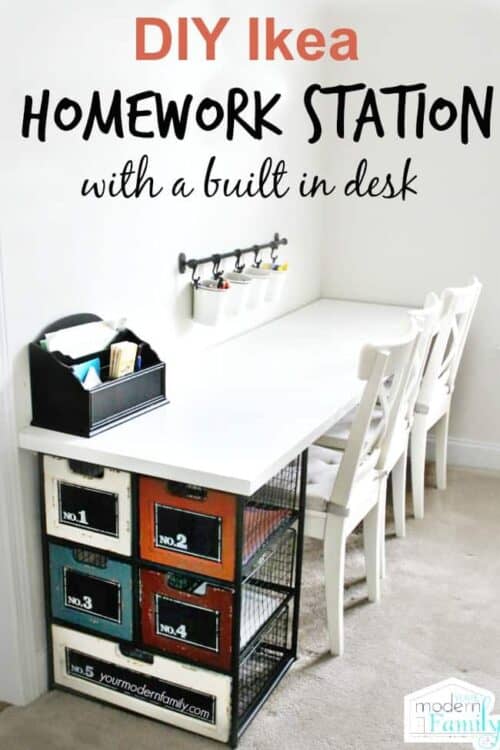 desk with metals drawers and hanging buckets for homework station