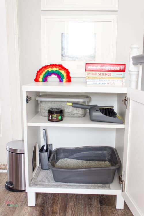 Besta cabinet open showing litter box and supplies