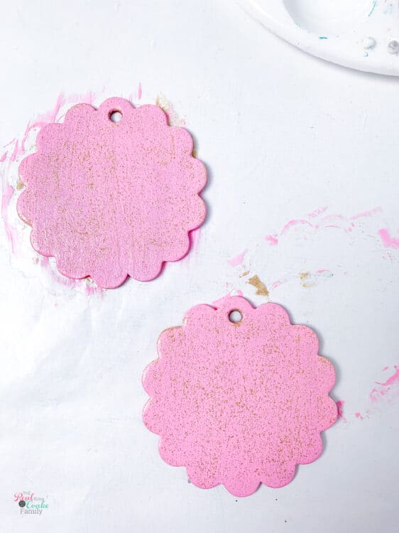 chipboard tags with pink and glitter paint