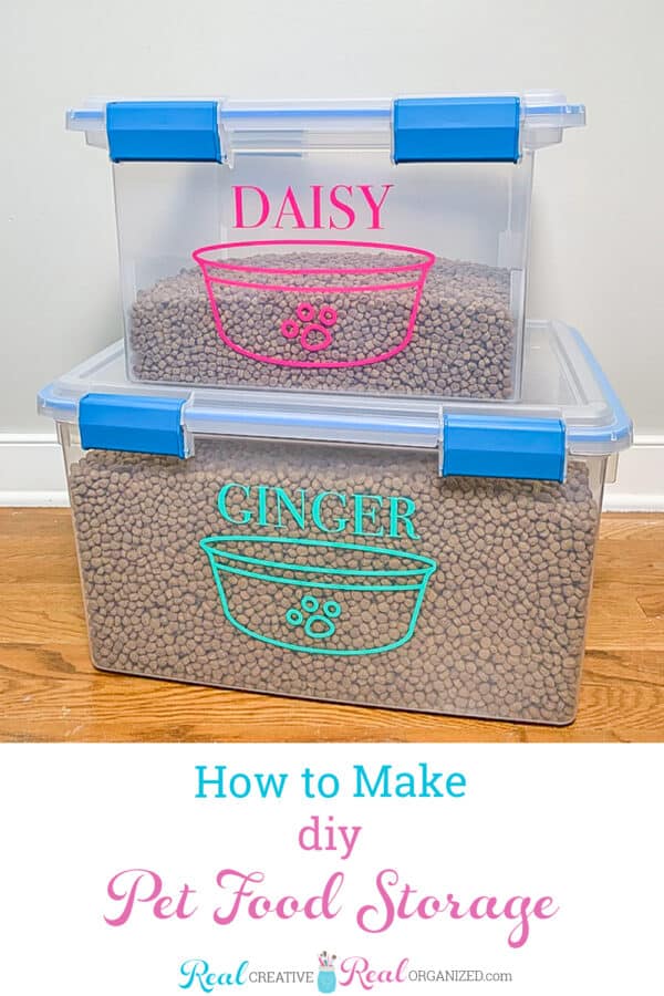 DIY pet food storage containers stacked on top of each other